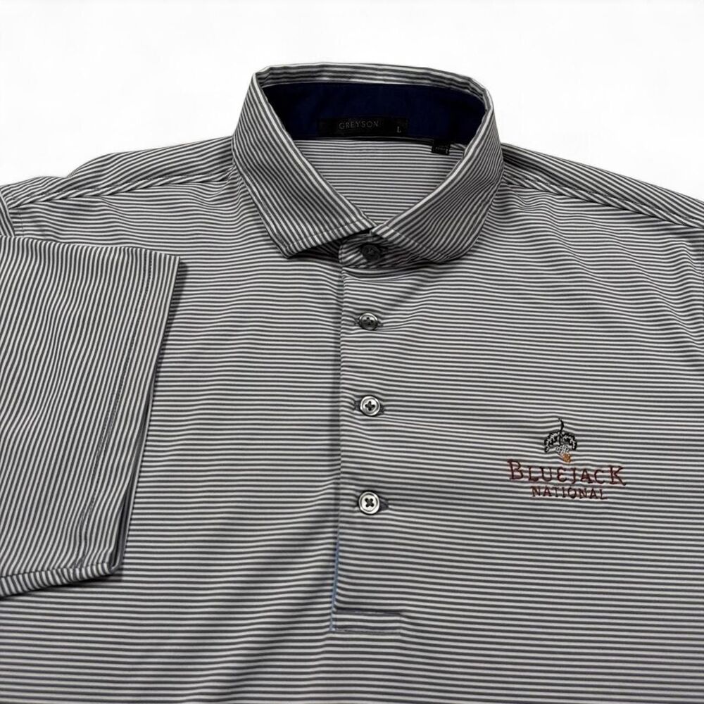 Greyson Bluejack National Golf Club Gray White Striped Polo Shirt Mens Large